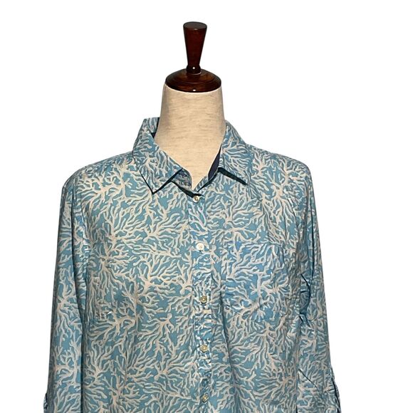 Talbots Ocean Coral Print Tabbed Sleeve Button Down Shirt - Picture 2 of 9